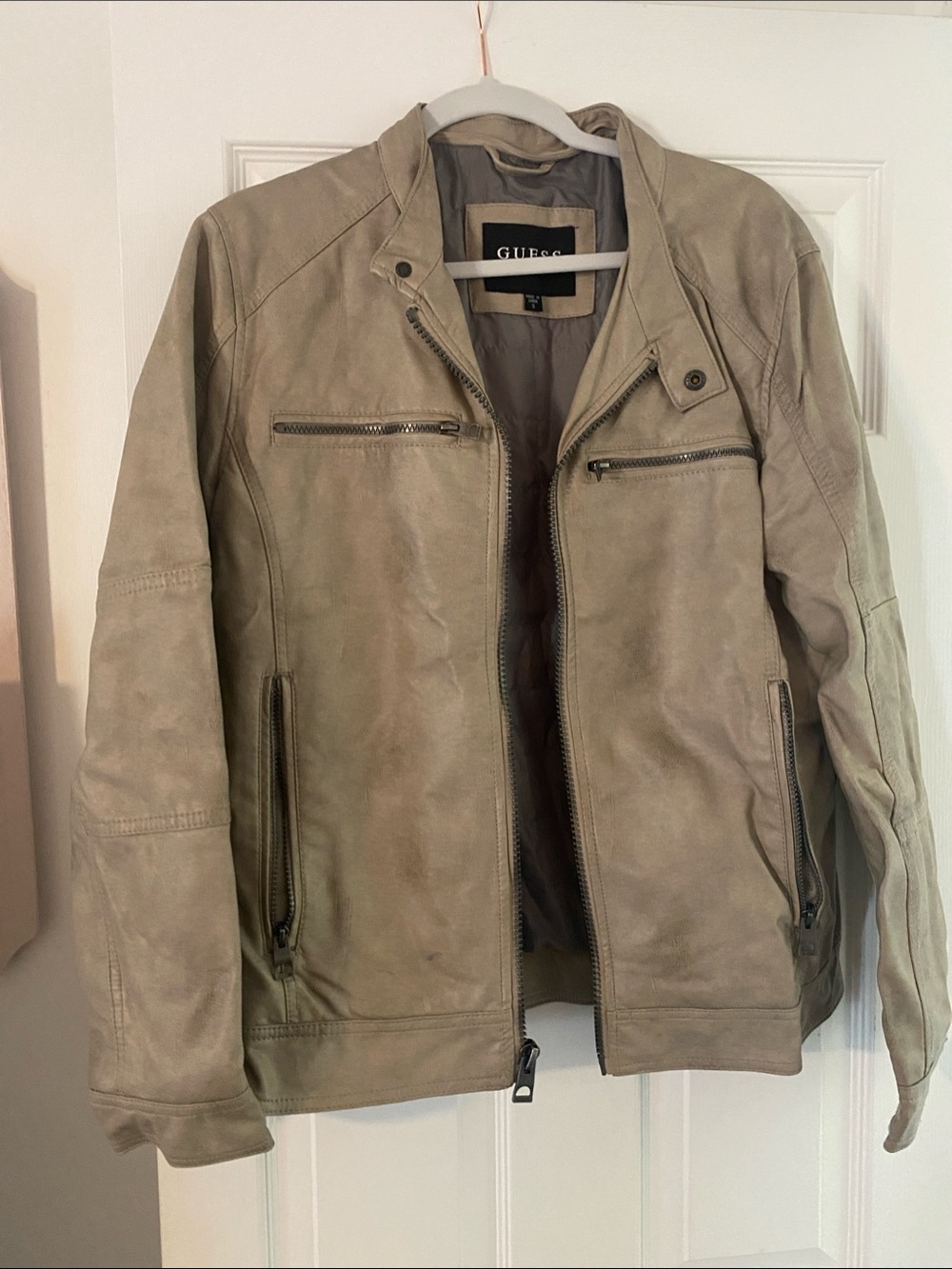 Guess Men’s Light Tan Faux Leather Bomber Jacket